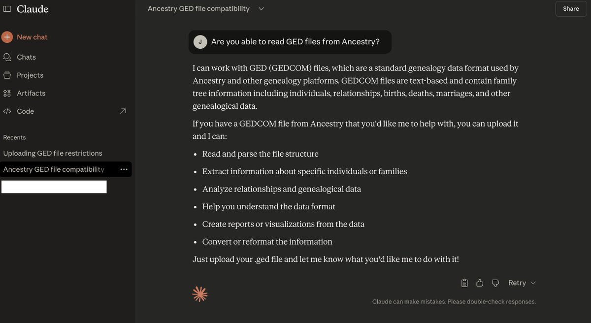 Frustrated with <a href="/AnthropicAI/">Anthropic</a>. Asked <a href="/claudeai/">Claude</a> if it could work with GEDCOM files for genealogy. Claude says, no worries, give it to me. Then it says, I need a subscription. I subscribe for a month. Then, @claudeAI says, what kind of file is that. I can't. work with THAT!