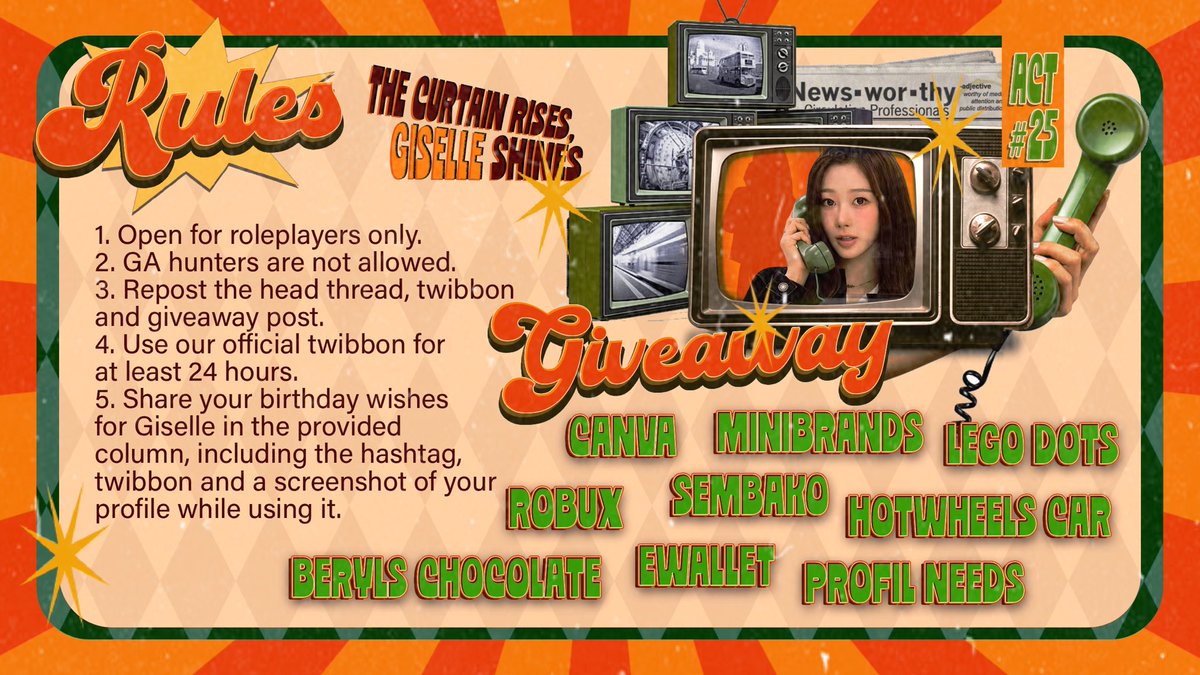 ᅠ
The curtain rises and beneath the glow of marquee lights, the prize page claims the spotlight. Prizes shimmer as trophies of the stage, while the rules stand as the script of tonight’s act. The scene is set, the audience waits, welcome to the 𝗴𝗿𝗮𝗻𝗱 𝗴𝗶𝘃𝗲𝗮𝘄𝗮𝘆. ★
ᅠ