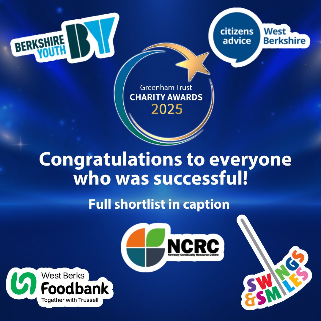 We are delighted to congratulate the amazing charities shortlisted for this year's Greenham Trust Charity of the Year Award. 
<a href="/BerksYouth/">Berkshire Youth</a> <a href="/WestBerksCAB/">CitizensAdviceWBerks</a> <a href="/CentreNewbury/">Newbury Community Resource Centre</a> @SwingsandSmiles <a href="/WestBerksFoodB/">WestBerks Foodbank</a>
Thank you to all the charities that applied, we look forward to seeing you soon!