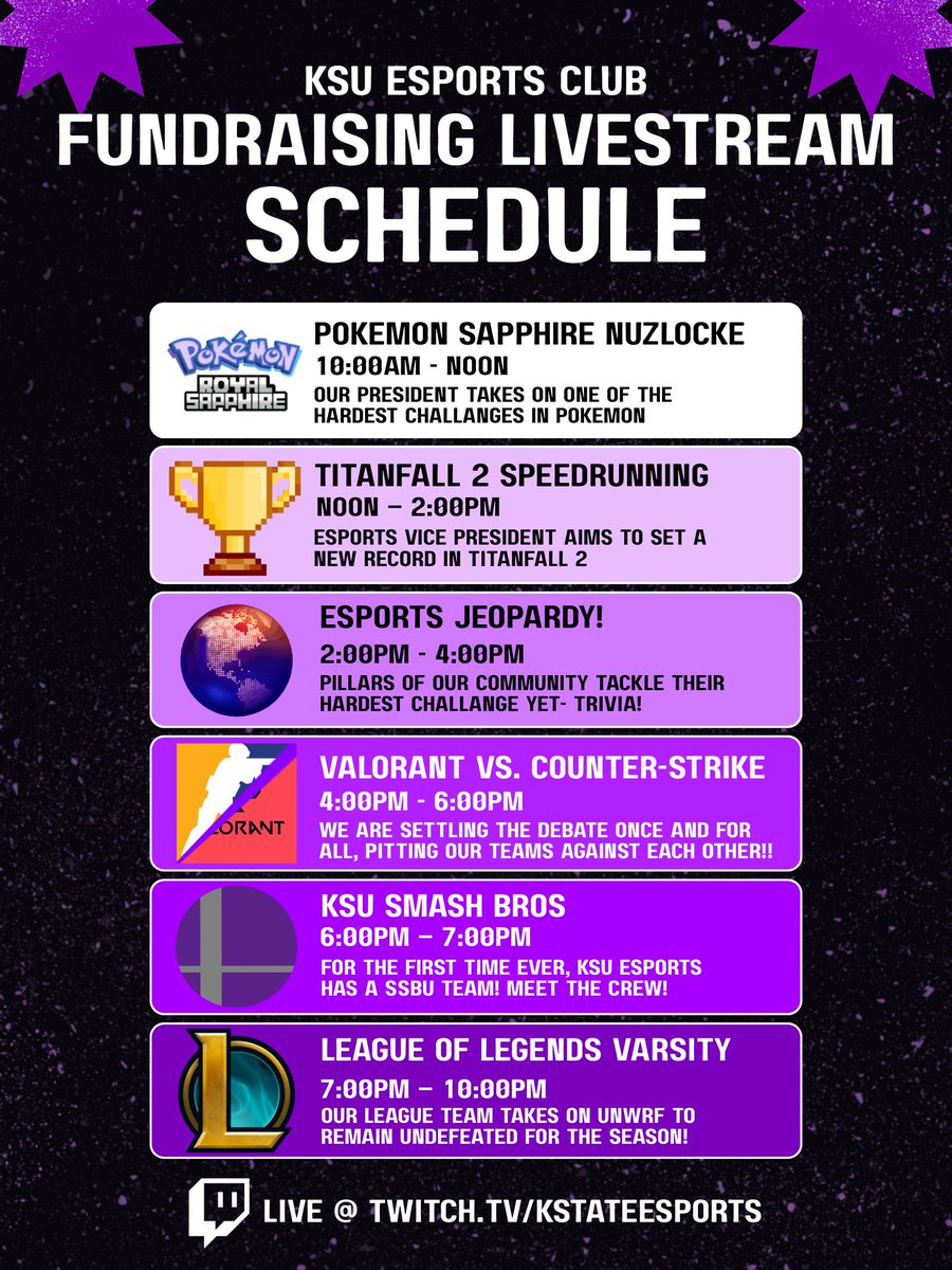 Here is the schedule for our 12-hour fundraising livestream, and it starts NOW on Twitch.tv/kstateesports !!