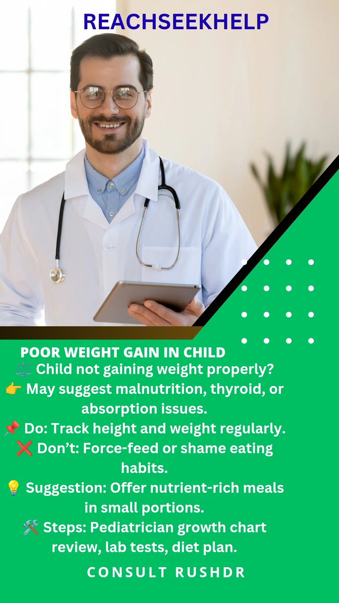 ReachSeekHelp's tweet image. Is your child not gaining weight as expected? Early assessment matters for healthy growth.
Consult pediatric experts on @rushdr @reachseekhelp
👉 Download RUSHDR: play.google.com/store/apps/det…
#PoorWeightGain #ChildGrowth #PediatricCare #HealthyChild @RUSHDR @ReachSeekHelp