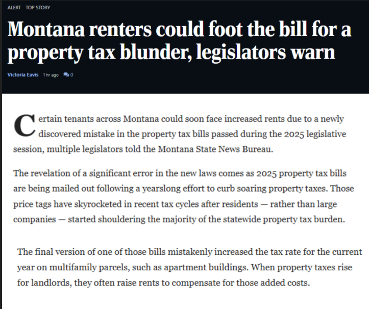 MTGOP's tweet photo. Surprise! The broken tax-shift bill "mistakenly" raised taxes on Montana renters.

Reminder: Democrat leaders praised the bill and claimed to have "delivered" on property tax relief.

#mtpol https://t.co/WS1oN2oSHR
