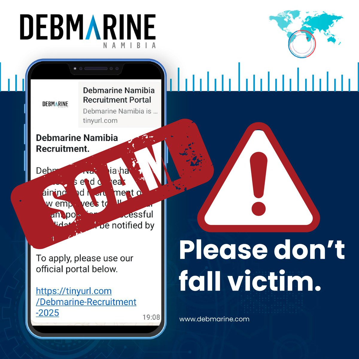 DebmarineN's tweet photo. ATTENTION: If a "job opportunity" requires you to share it on WhatsApp or social media to proceed, it is a scam. No exceptions. Debmarine Namibia and legitimate employers never require you to share recruitment links as part of any application process. https://t.co/IA39BS5zMv
