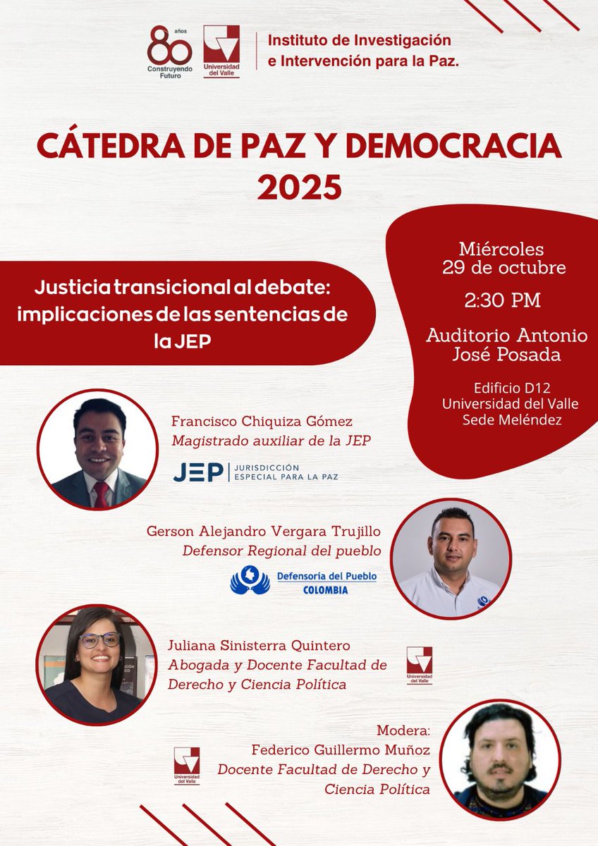 La JEP y la Universidad del Valle (<a href="/UnivalleCol/">Univ. del Valle</a>) invitan hoy al foro: ‘Justicia transicional al debate: implicaciones de las sentencias de la JEP’.

⌚2:30 p.m.
📍 Auditorio Antonio José Posada, Edificio D12 – Sede Meléndez

Un espacio para el diálogo y la reflexión sobre los