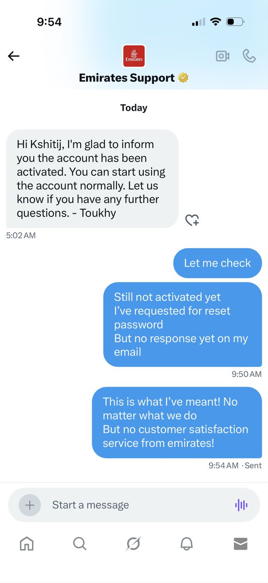 xiitiz's tweet photo. @emirates @EmiratesSupport 
Here we go again! With a call confirming my identity and someone from the help department texting that it’s back on, guess what? I’m still unable to operate my own account! This is beyond amazing lack of service by them. https://t.co/gtwwSIqHYm