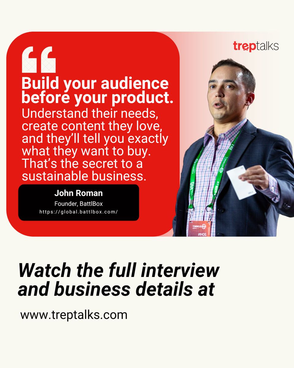 treptalks's tweet photo. 🚀 John Roman, Founder of @BattlBox, shares the secret to a sustainable biz: build your audience first! Watch the full interview at https://t.co/QamtiMu1u8 #Entrepreneurship #BattlBox #JohnRoman #TrepTalks https://t.co/Oe4gvCygOr