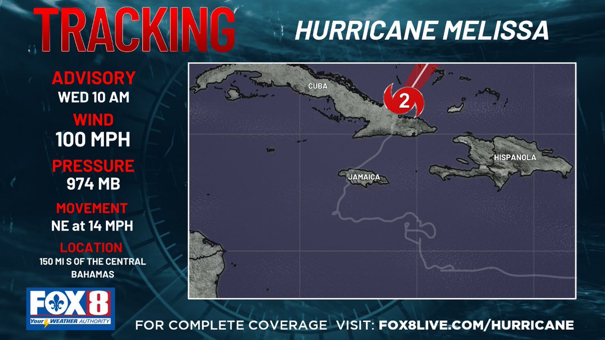 The latest Melissa advisory is in from the National Hurricane Center. For more information, go to fox8live.com/hurricane/