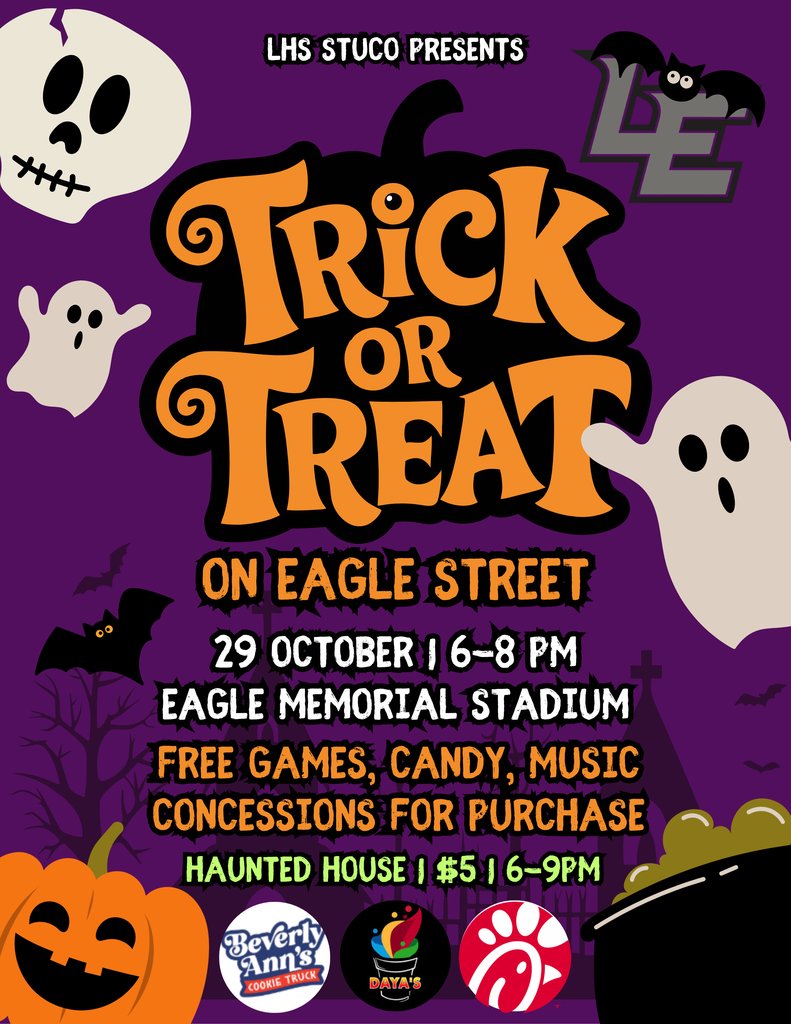 LulingISD's tweet image. 🎃👻 Tonight… Trick or Treat on Eagle Street! 👻🎃

Bring your costumes, your friends, and your Eagle spirit for a spooktacular evening hosted by LHS Student Council!