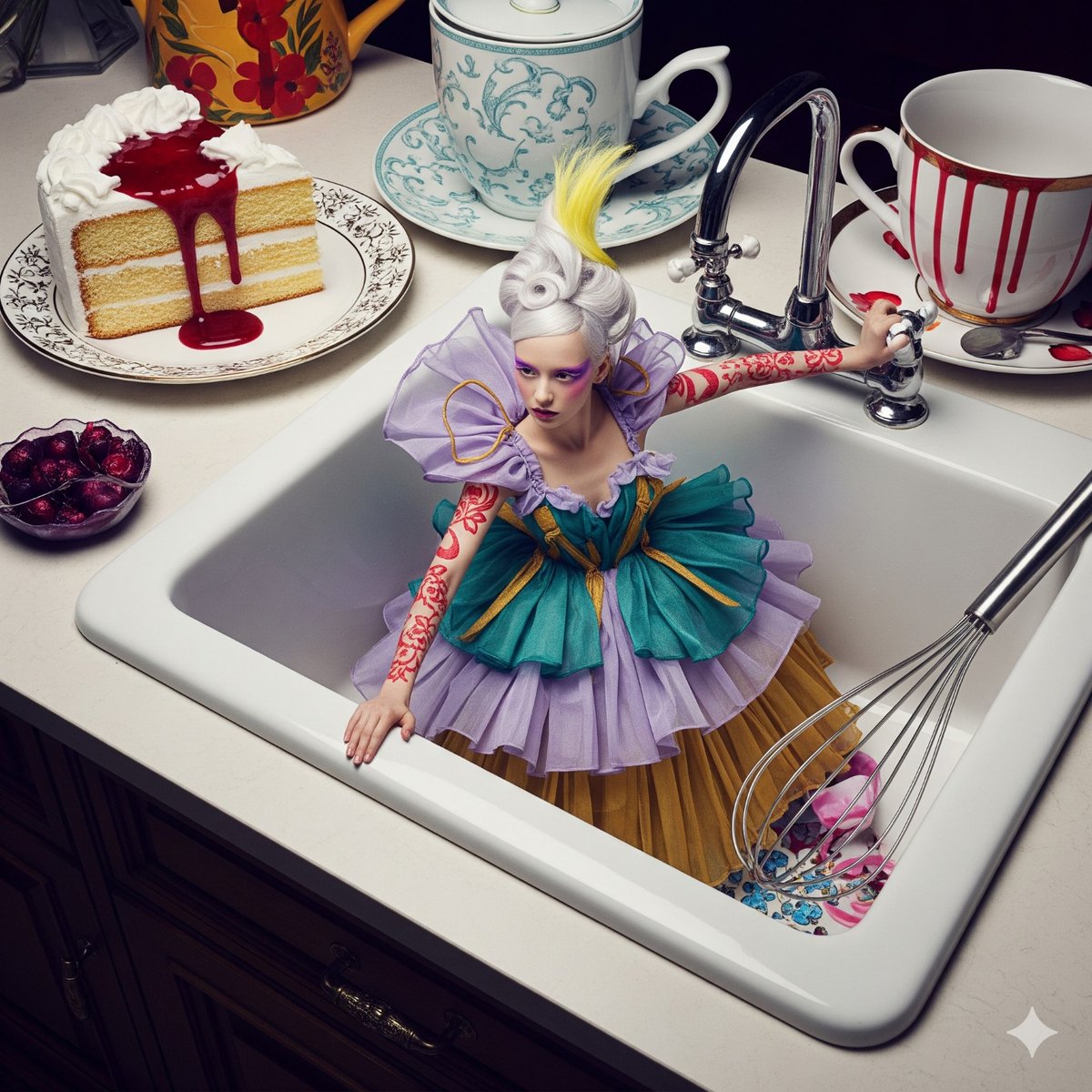 syntaxaegis's tweet image. ```json
{
  "caption": "She staged her rebellion in the sink, somewhere between the whisk and a cake that refused to explain itself.",
  "tags": "#hautecouture #digitalart #surreal #fashion #surrealism"
}
```