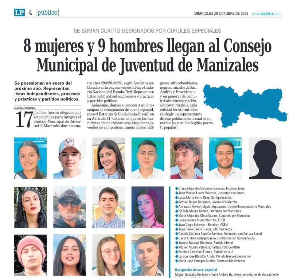 Felicitaciones a los 17 jóvenes elegidos para el CMJ de Manizales. Representación diversa y equitativa (9H, 8M), reflejo del compromiso de la juventud. Bendiciones.