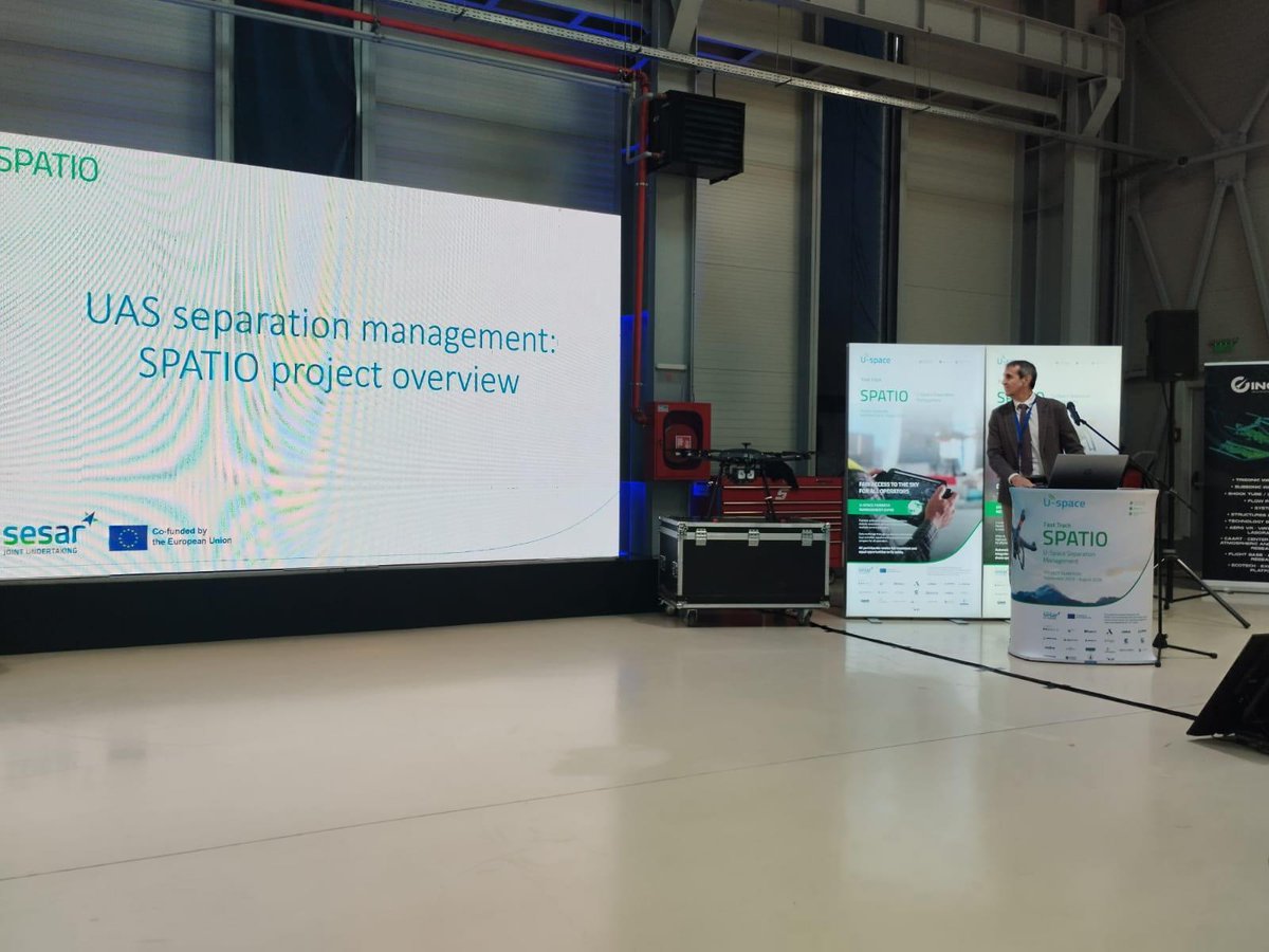 ENAIRE's tweet photo. ✅ Today, @Enaire is participating in the first @spatio_sju Open Day at the #INCAS Strejnicu Flight Base (LRPV) in #Romania.

🤝 The event brings together industry leaders, researchers, and policymakers for a day of technical discussions, live flight demonstrations, and networking.

👉 The Open Day is demonstrating tangible progress in #Uspace deployment, validating the project’s results at Technology Readiness Level 6 (TRL6) of Advanced Strategic Conflict Detection and Resolution services that address fairness rules among #UAS  operators in a multi-USSP environment.

@SESAR_JU #DigitalEuropeanSky #SESAR #SPATIO #HorizonEurope
