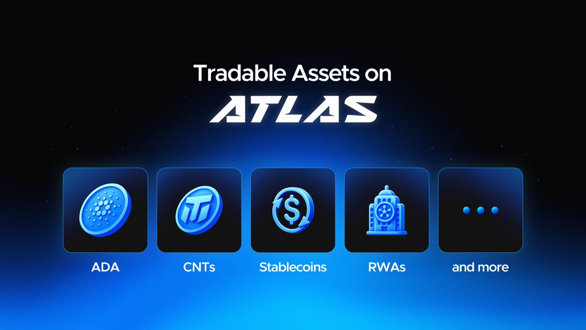 1/ Tradable assets on ATLAS,

🌑ADA
🌑CNTs 
🌑Stablecoins 
🌑RWAs 
🌑…and more...

Cardano ➜ Midnight ➜ Cross-chain

Atlas — liberate your yield.