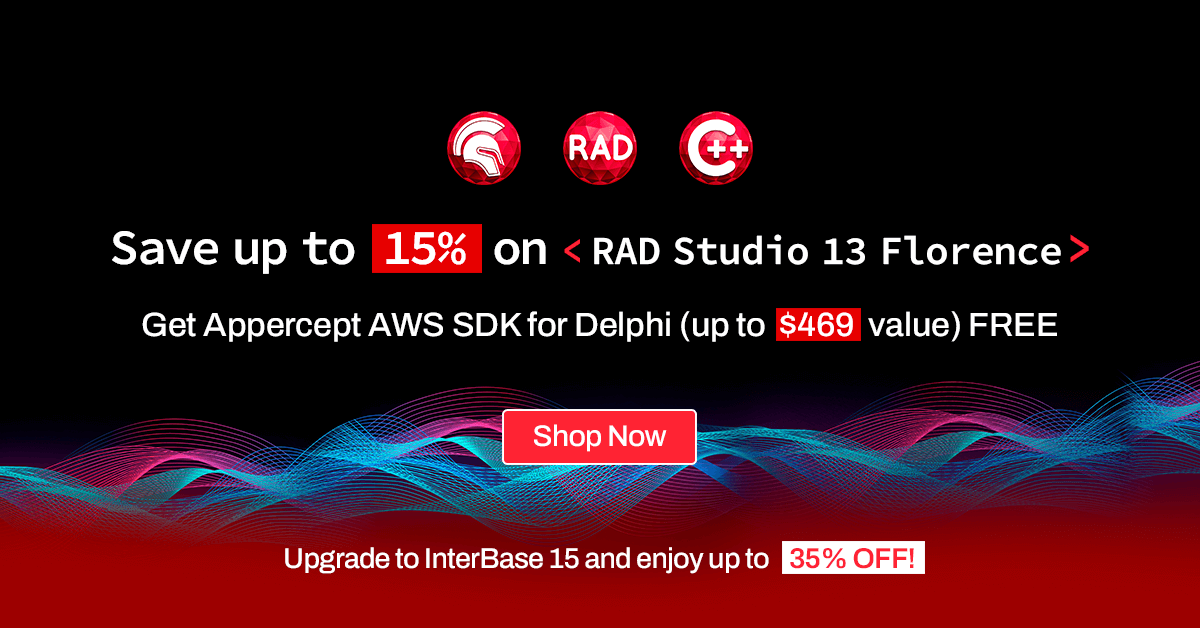 EmbarcaderoTech's tweet image. 🔥 Get more with RAD Studio 13 Florence: 
✅ Up to 15% off on RAD Studio, C++Builder, Delphi 13
✅ Appercept AWS SDK for Delphi (up to $469 value) FREE
Save big. Shop now: tinyurl.com/RAD-special-of… 
Also available: InterBase 15 up to 35% off.
#RADStudio #Delphi #CBuilder #cpp…