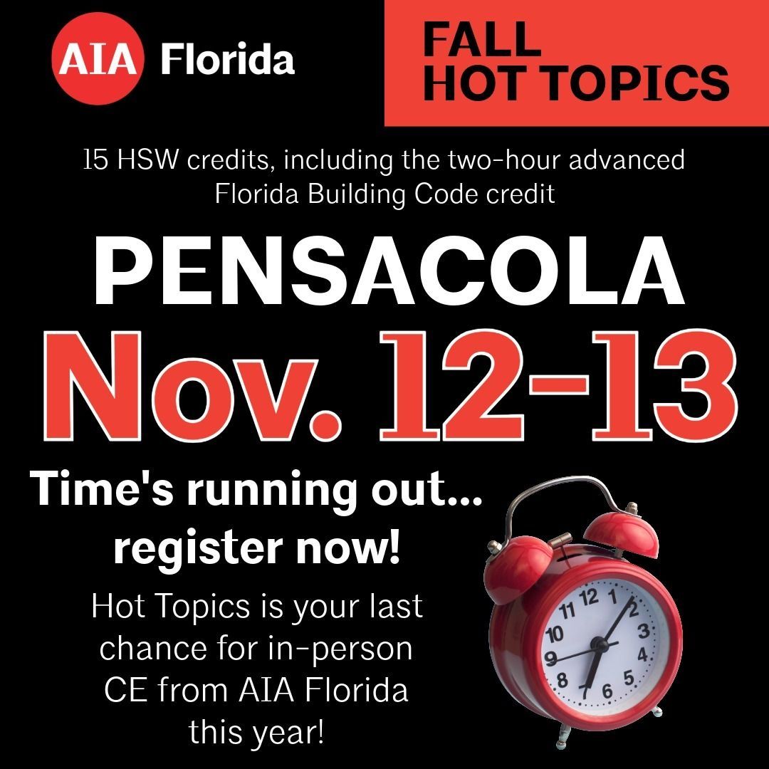 Fall Hot Topics 🔥last in-person stop is just two weeks away in Pensacola, Nov. 12-13! 
Earn up to 15 HSW CE credits, including the two-hour advanced Florida Building Code credit.  Find out more and register today! buff.ly/b06zLcp