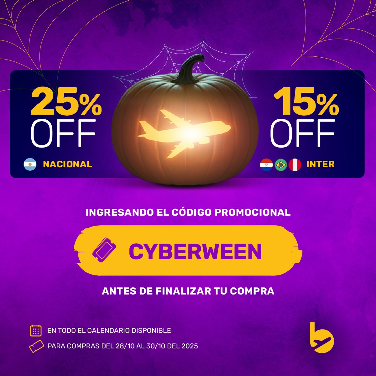 flybondioficial's tweet photo. Promos tan buenas que asustan 👻

Usá el código CYBERWEEN👉🏻https://t.co/jl7CeC7BAG y volá con hasta un 25% OFF en vuelos nacionales y hasta un 15% OFF en internacionales 🎃

#Flybondi #LaLibertadDeVolar #Cyberween https://t.co/UQlUCR9COZ