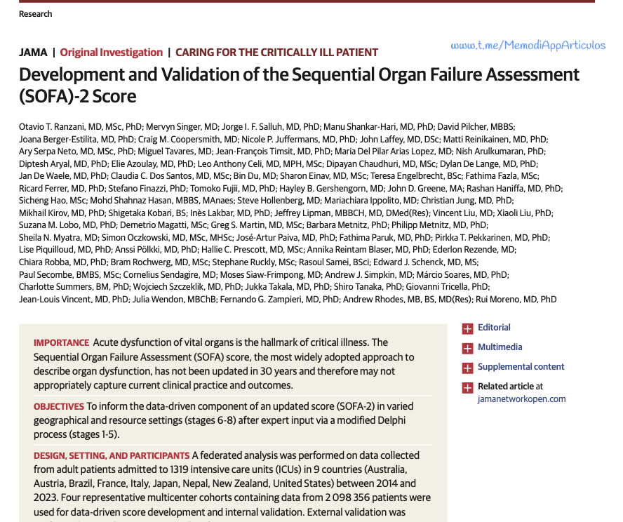 Acaban de salir las "segundas partes" de artículos que cambiaron muchos paradigmas:
ANDROMEDA-SHOCK (llenado capilar en reanimación), 
BICARICU (bicarbonato para evitar diálisis) y SOFA (escala de falla orgánica). Descárgalos: t.me/memodiappartic… en lo que los revisamos para