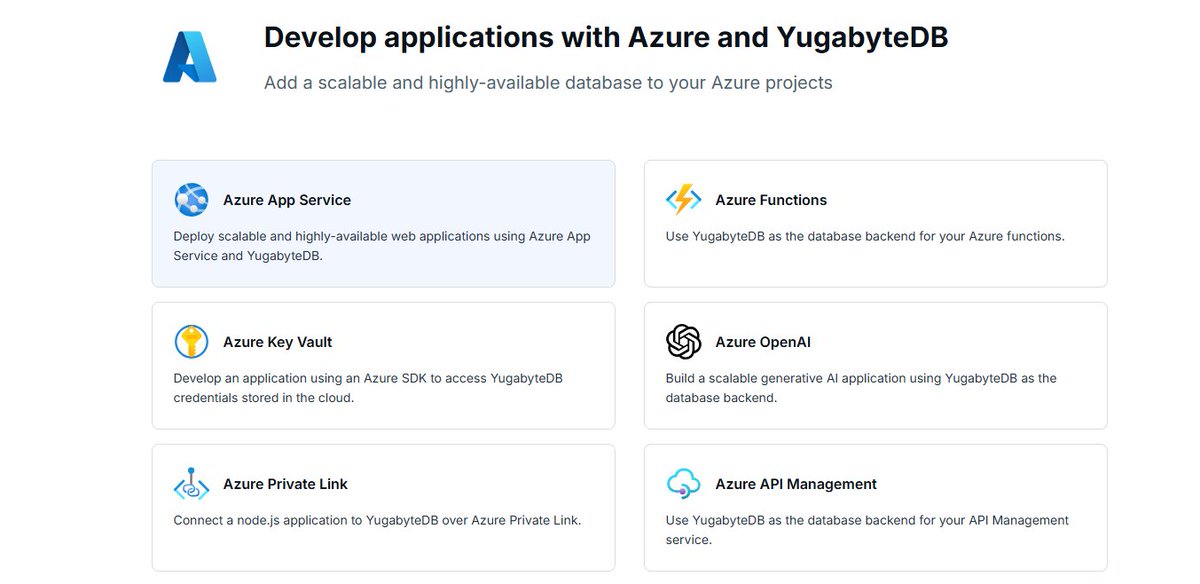 Yugabyte's tweet image. Want to develop applications with @Azure and #YugabyteDB?!🤔

Check out our free #developer tutorials, which guide you through adding #AI-ready, scalable, and highly-available YugabyteDB to your #Azure projects.💡

Get started today!⬇️
na2.hubs.ly/H01Qs8x0