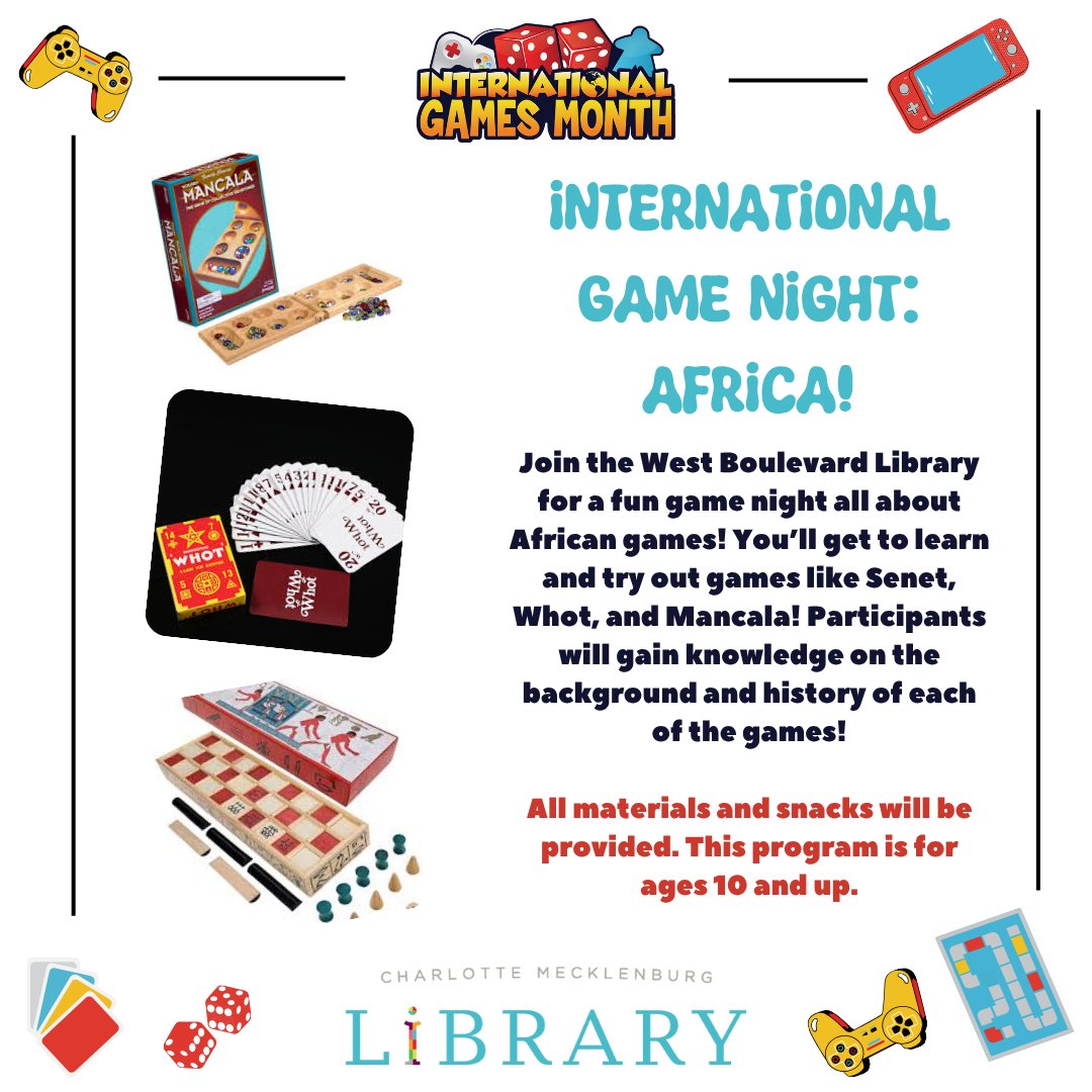 cmlibrary's tweet image. Join us at West Boulevard Library on Wednesday, November 5, from 5:30pm – 7pm for International Game Night featuring African games! Learn to play games such as senet, whot and more.

To register, visit -&amp;gt; bit.ly/3L1vLJp