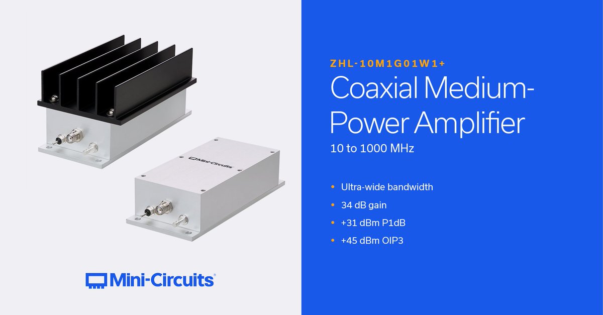 MiniCircuits's tweet image. Mini-Circuits’ ZHL-10M1G01W1+ is a coaxial medium-power amplifier operating from 10 to 1000 MHz, ideal for applications including communications systems, test and measurement equipment, general laboratory use and more.

hubs.ly/Q03Hz8ss0

#rf #engineering #technology