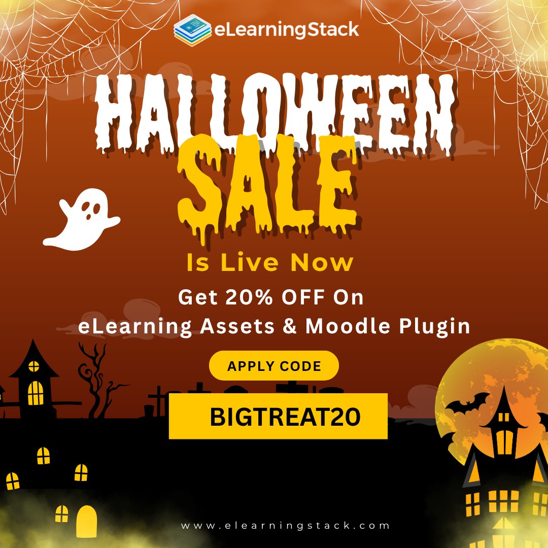 Elearningstack's tweet image. 🎃👻 The spookiest deal of the year is here! 🕷️
🕸️ Enjoy a spooky 20% OFF on 1700+ eLearning assets and #Moodleplugins.
Hurry — this Halloween treat won’t last long! 🕯️
#HalloweenSale #eLearning #ArticulateStoryline #AdobeCaptivate #eLearningTemplates