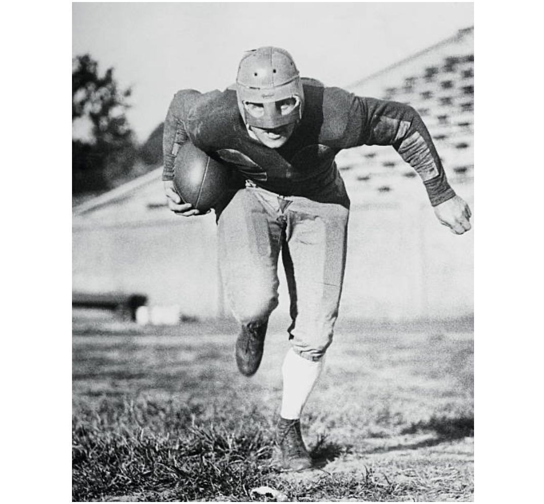Oct. 29, 1925: A new type of leather helmet is being worn experimentally by Georgia Tech football players as added protection for the eyes and nose. Doug Wyckhoff, who suffered an injury earlier in the fall that the stronger helmet might have prevented, demonstrates the gear.