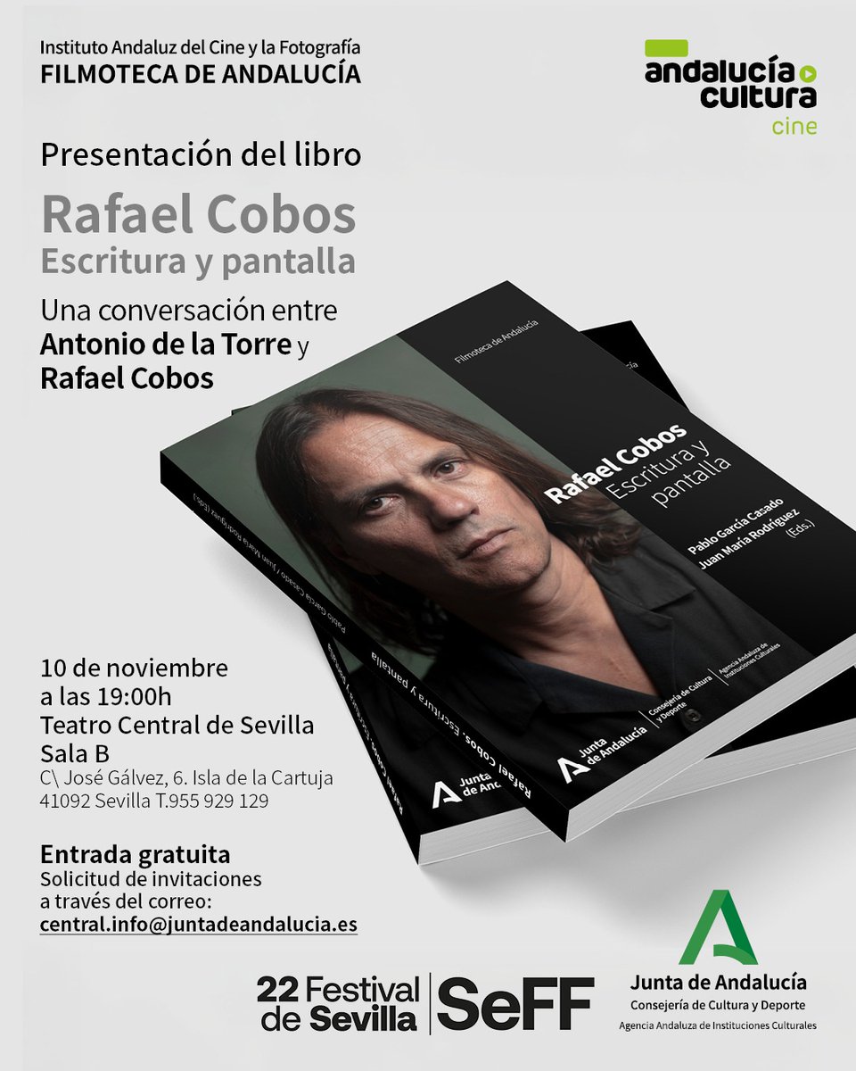 📚✨
Presentamos 'Rafael Cobos. Escritura y pantalla'. En #sevilla #teatrocentral el próximo 10 de noviembre a las 19 h. Con <a href="/festivalsevilla/">Festival Sevilla</a> 
<a href="/CulturaCuenta/">➧ Agencia Andaluza de Instituciones Culturales</a> 
<a href="/CulturaAND/">Cultura Junta de Andalucía</a> 
<a href="/RCobosLp/">RafaelCobos</a>