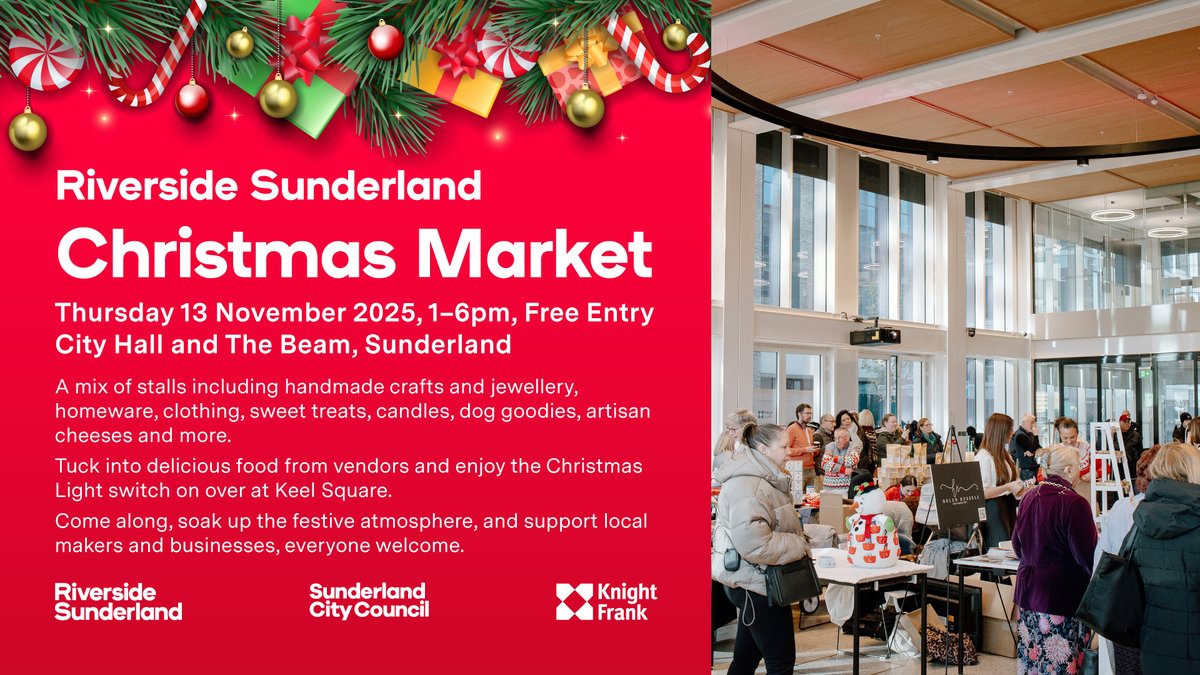 Riverside Sunderland’s Christmas Market is back on Thursday 13 November.
🕐 1–6PM at City Hall &amp; The Beam
🎆 Followed by the Light Switch over at Keel Square from 7PM.
🛍️ 50+ vendors | 🎁 Artisan gifts | 🍔 Hot food 

Free entry - all welcome 
#RiversideMarket #LightSwitchOn