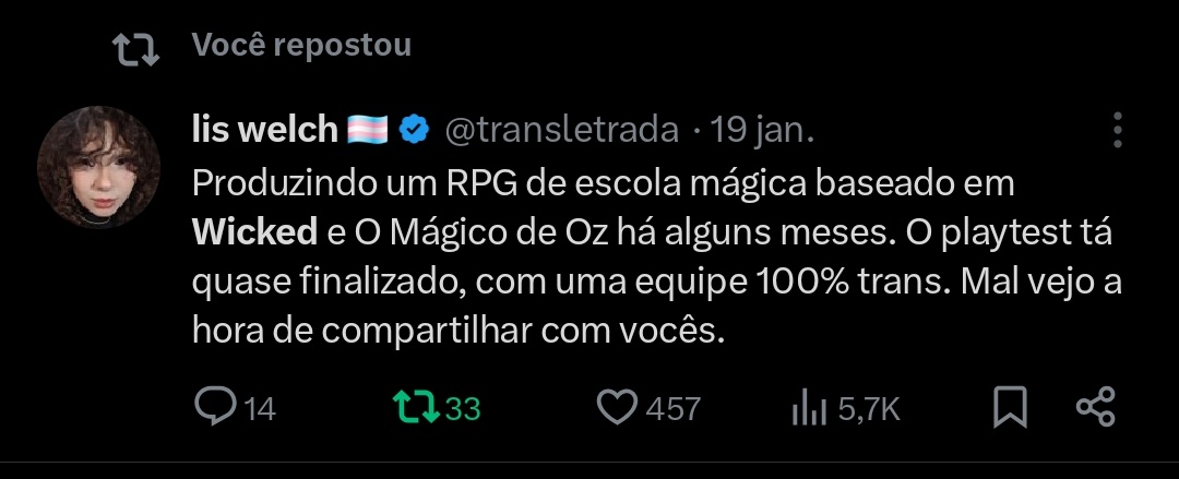 Sério, essa é a obra mais importante da minha vida, ao ponto que tô até desenvolvendo um sistema de RPG baseado em Wicked.

Seria o maior sonho da minha vida. De verdade.

#EuNaPremiereDeWicked
<a href="/tvglobo/">TV Globo 📺</a> <a href="/infoari/">Info Ariana</a> <a href="/wickedmusicalbr/">WICKED BRASIL</a> <a href="/UniversalPicsBr/">Universal Pictures Brasil</a>