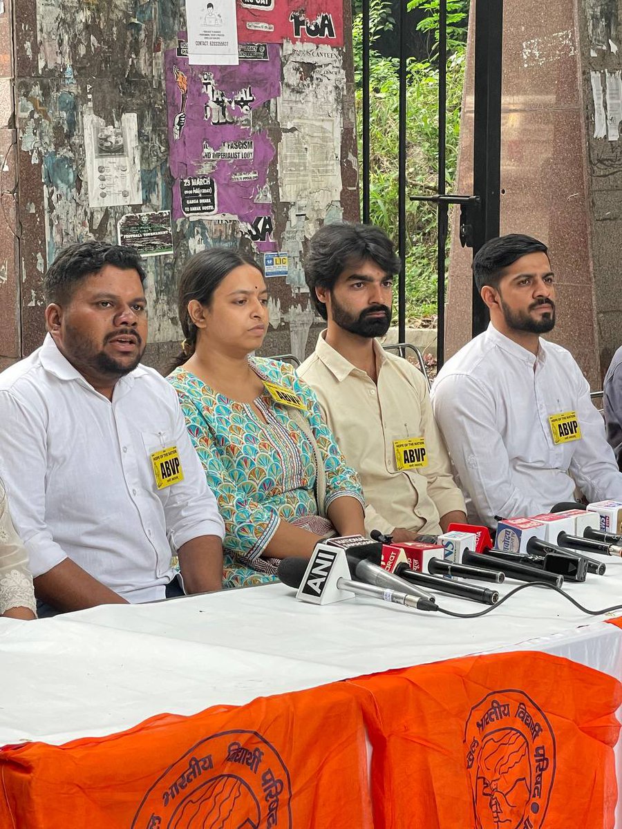 ABVPVoice's tweet photo. ABVP National Secretary Shalini Verma addressed a press conference at the JNU following the announcement of ABVP’s candidates for the upcoming JNUSU Elections 2025–26. 

All four candidates, Vikas Patel (President), Tanya Kumari (Vice President), Rajeshwar Kant Dubey (General Secretary), and Anuj Damara (Joint Secretary) were present during the conference. 

The conference outlined ABVP’s vision to work for a progressive, constructive, and student-centric JNU, focused on academic excellence and accountability.