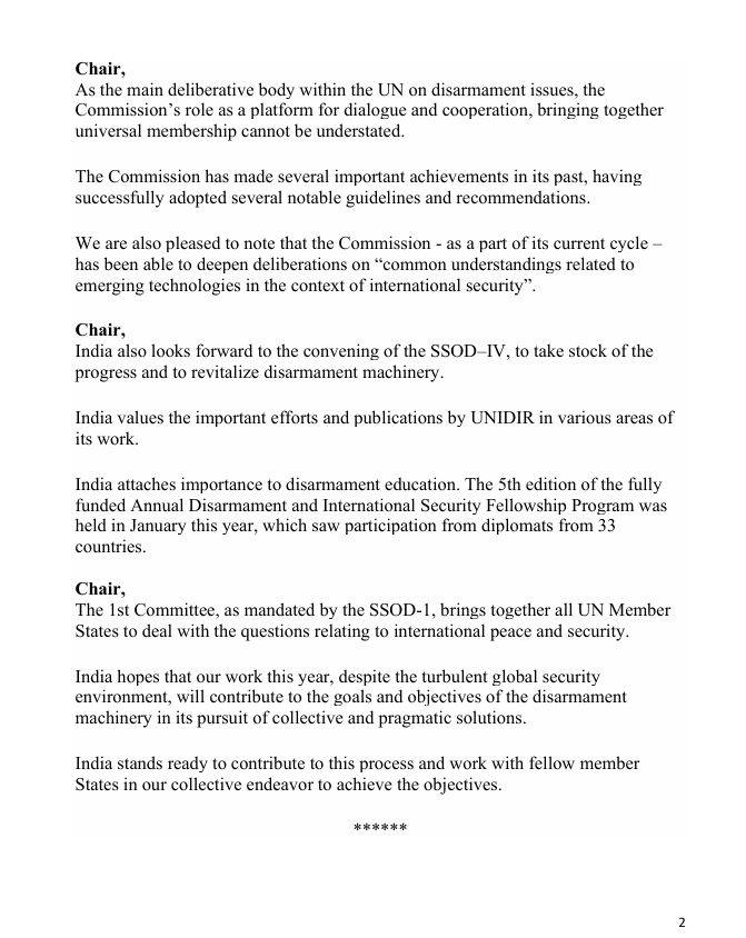 Hon'ble MP Ms. Sajda Ahmed delivered India's
statement on the Disarmament Machinery at the First Committee of the 80th UN General Assembly, New York, 28 October 2025