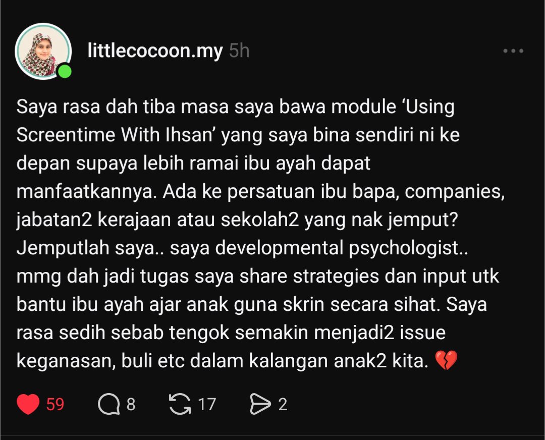Highly recommended Dr Farah ni. Beliau mmg niche cyberpsychology. 

Pernah jemput bagi online training utk parents. Tapi sekarang Dr lebih minat nak bagi modul secara fizikal. 

Sbb katanya online byk parents take for granted 🥲