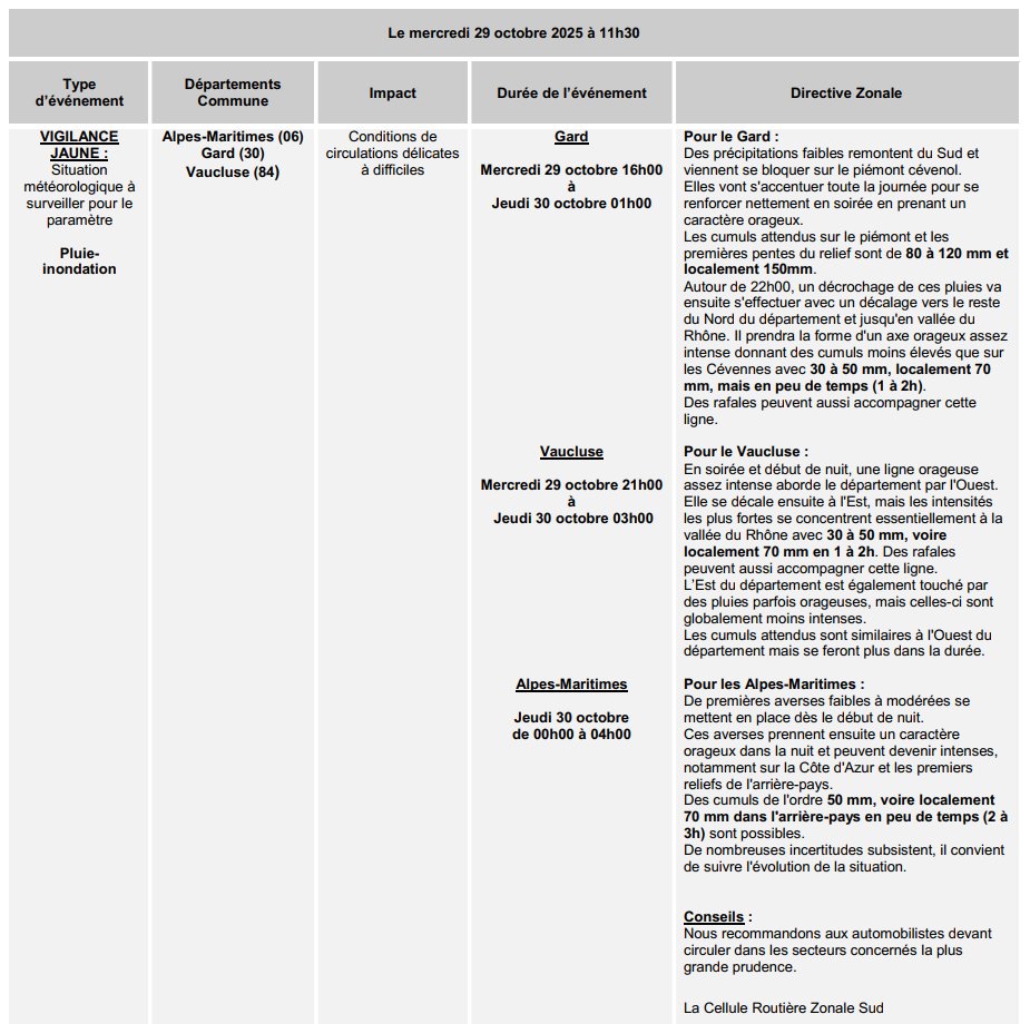 cezocsud's tweet image. Communiqué zonal routier: 
Vigilance JAUNE - Situation météorologique à surveiller pour le paramètre pluie-inondation - Départements des Alpes-Maritimes (06), du Gard (30) et du Vaucluse (84)