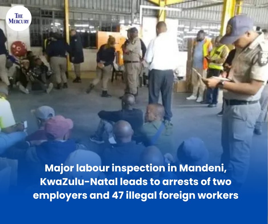 TheMercurySA's tweet photo. 🚨 Two employers and 47 illegal foreign nationals arrested in a major labour inspection in Mandeni, KwaZulu-Natal.
#Mandeni #LabourInspection #WorkersRights
Read more: https://t.co/dapaZLF0HV https://t.co/EmWFkzxoYb