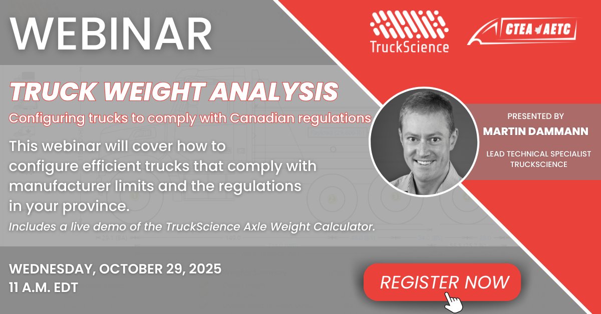 TruckScience's tweet photo. Truck weight analysis webinar today!

This webinar will demonstrate how to configure efficient trucks that comply with manufacturer limits and the regulations in your province. 

Register now - https://t.co/6bsNwmW0bU https://t.co/HyltvtMBOB