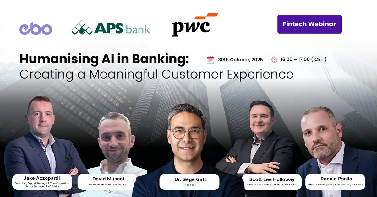 ONE day to GO 🏁
What happens when five leaders enter one virtual room? Join <a href="/PwCMalta/">PwC Malta</a> , <a href="/apsbank/">APS Bank</a> and EBO tomorrow to find out!

✅Gain practical insights on delivering seamless digital experiences in banking that balance regulatory compliance with exceptional customer