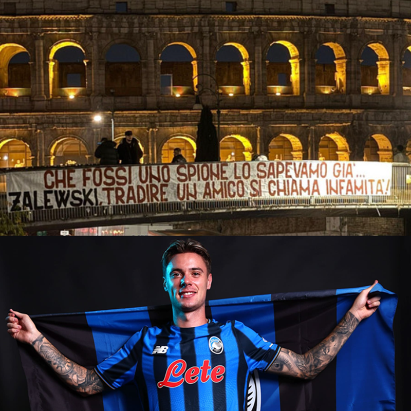 🚨 🇮🇹 Kibice AS Romy wywiesili niedaleko Koloseum transparent z "dedykacją" dla Nicoli Zalewskiego!

🗣 "Już wiedzieliśmy, że byłeś szpiegiem… Zalewski, zdrada przyjaciela to hańba"