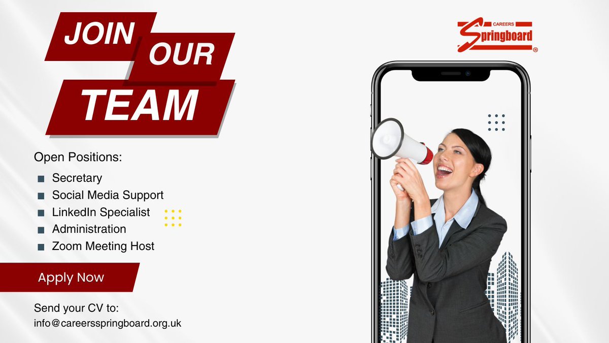 Careers Springboard is looking for volunteers! 🌟
We need help with:
💼 Admin &amp; Secretary support
💬 LinkedIn &amp; social media
👥 Coaching job seekers
🎥 Zoom hosting
Make a real difference today 💚
📩 info@careersspringboard.org.uk
#Volunteering #Charity #CareersSpringboard