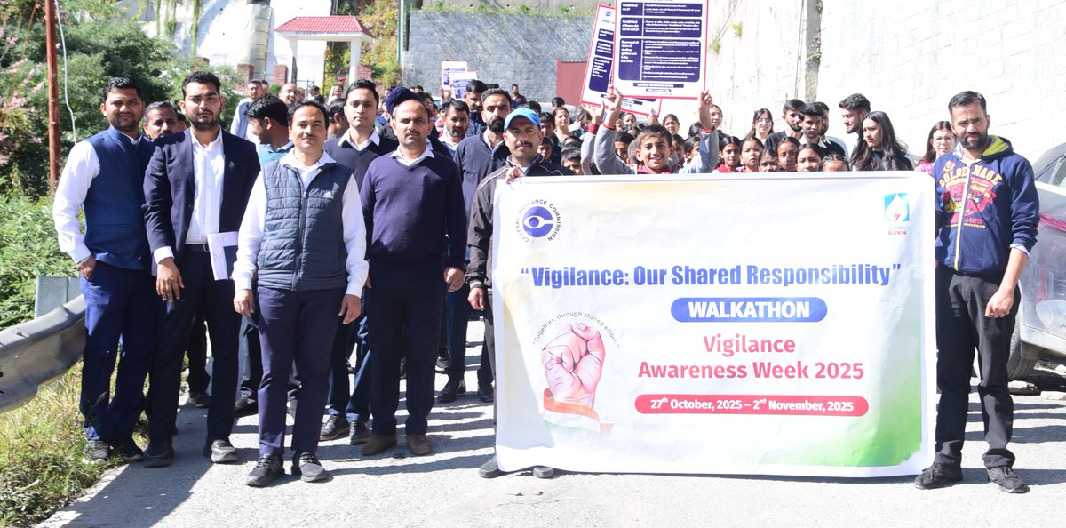 SjvnLimited's tweet photo. @SjvnLimited organized a Walkathon at its CHQ, Shimla as part of VAW2025 – “Vigilance: Our Shared Responsibility” and Fit India Freedom Run 6.0 – “Swachh Bharat, Swasth Bharat”. 
#sjvn #VAW2025 #FitIndiaFreedomRun6  #SwachhBharatSwasthBharat   @CVCIndia @MinOfPower @PIB_India https://t.co/5dReYrhuxh