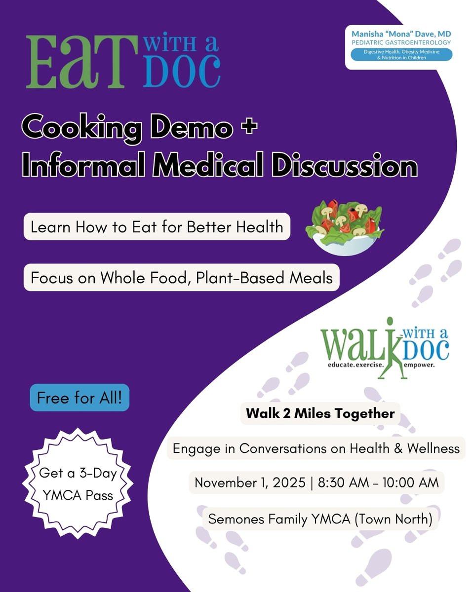 monadavemd's tweet image. 🥗 Eat with a Doc! Join Dr. #MonaDave for a plant-based cooking demo + health chat, then walk 2 miles on the Northhaven Trail! 🌿

🗓 Nov 1 | ⏰ 8:30–10AM
📍 Semones Family YMCA, Dallas
💥 Free + 3-day YMCA pass!

#EatWithADoc #WalkWithADoc #DallasEvents