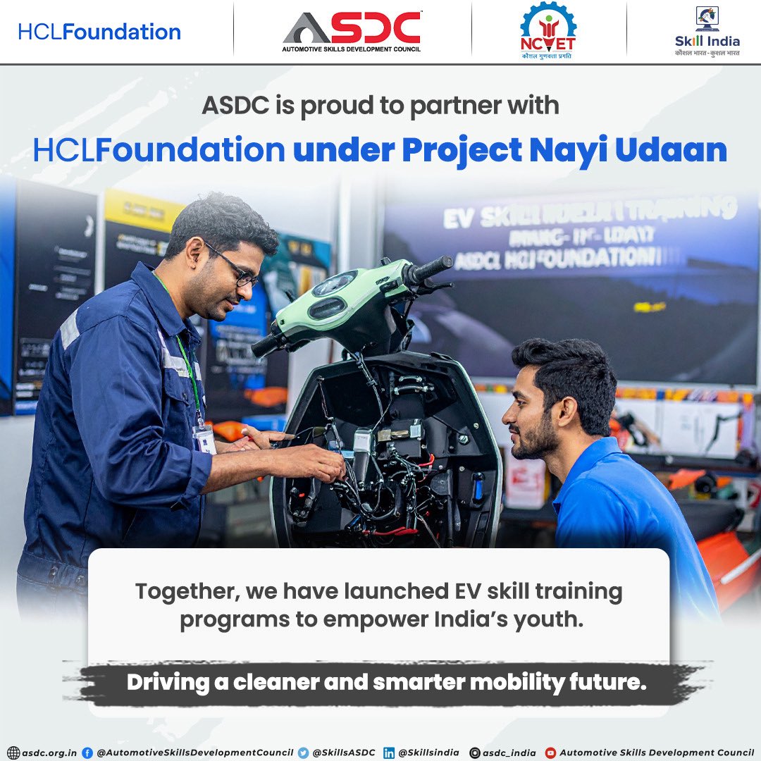 SkillsASDC's tweet photo. ASDC is proud to announce its collaboration with HCL Foundation under Project Nayi Udaan to create new employment pathways in the electric mobility sector.
#ASDC #HCLFoundation #ProjectNayiUdaan #ElectricMobility #EVSkills #SkillDevelopment https://t.co/yMjiB7uZVG