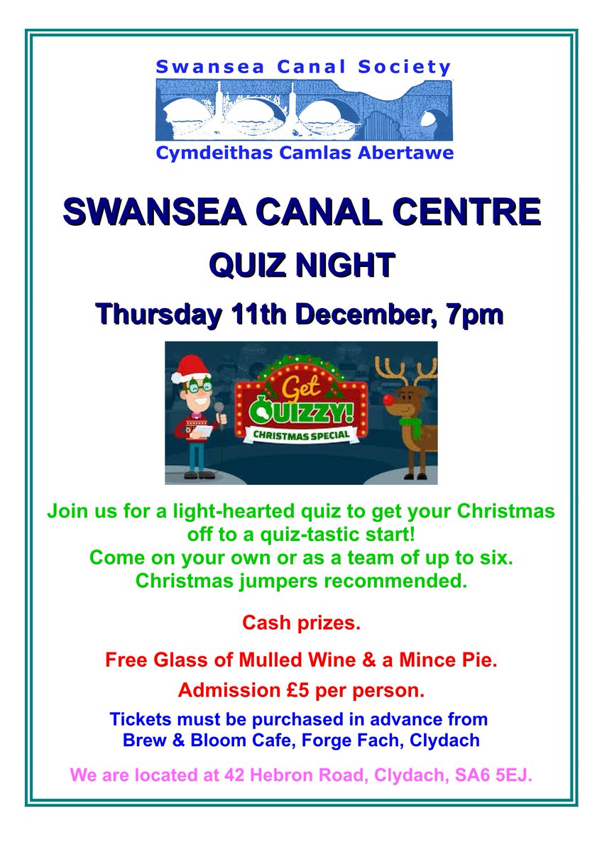 Join us for our second annual Christmas Quiz. Full details in the poster. Remember to purchase your tickets in advance from Brew &amp; Bloom Cafe, Forge Fach, Clydach.