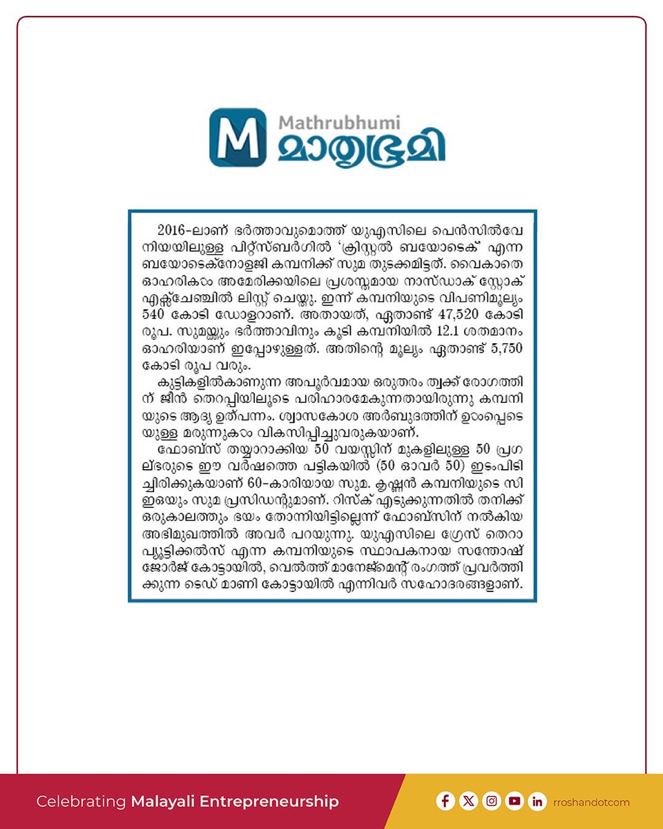 Malayali-origin biotech entrepreneur Suma Krishnan has been featured in Forbes 2025 50 Over 50 list. Born as Suma Mani Kottayil in Kottayam &amp;raised in Pune, she co-founded Krystal Biotech in Pittsburgh with her husband Krish Krishnan in 2016. The company is now valued at $5.4 B.