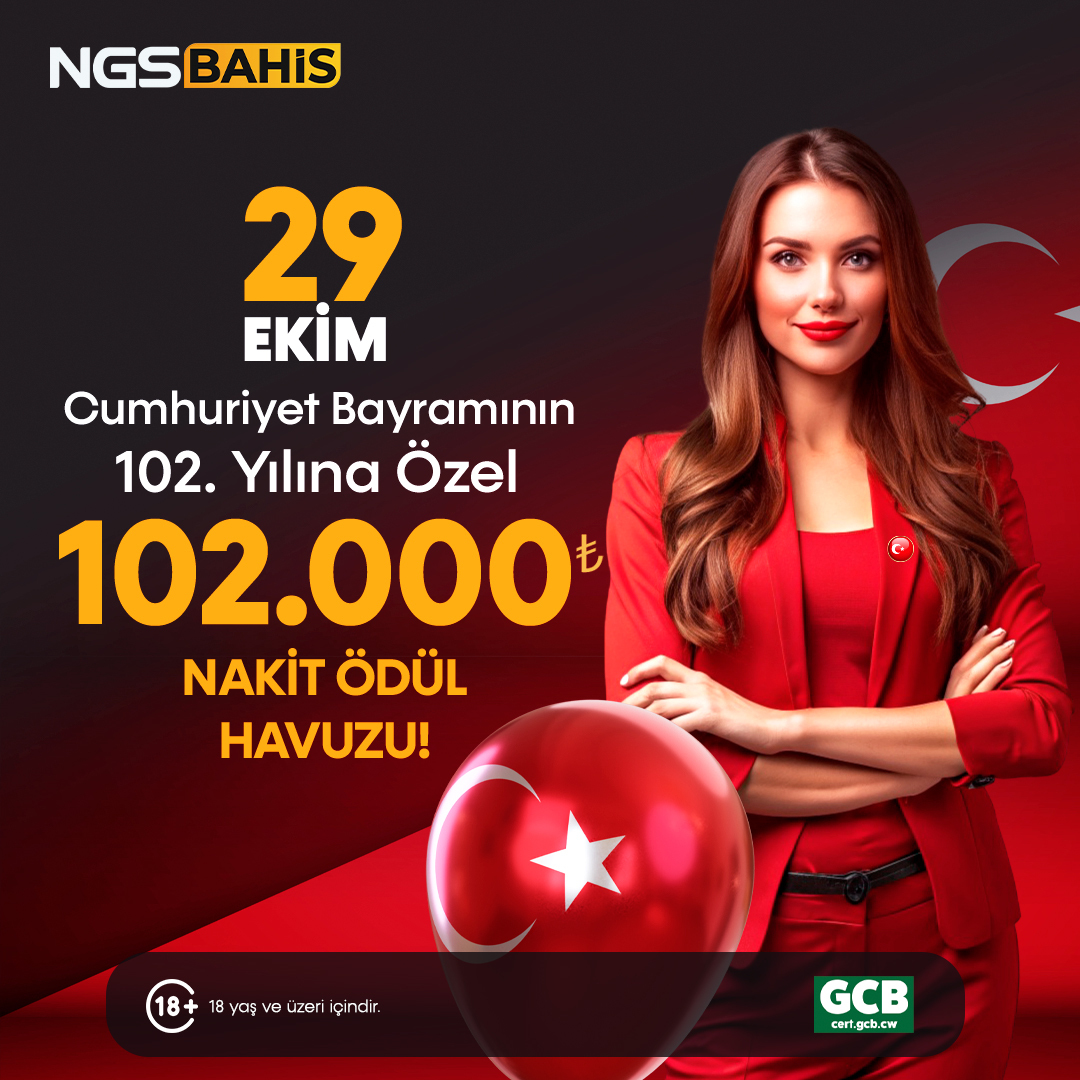 🇹🇷 29 Ekim Cumhuriyet Bayramınızı kutluyoruz ve bu kutlamayı muhteşem bir etkinlik ile taçlandırıyoruz!
Katılım için Telegram kanalımıza abone ol 👉 t.me/ngnbet

💵 102.000₺ Nakit Ödül havuzu içeren bu etkinliğe katılma fırsatını kaçırma!
🥳 Bayramın coşkusunu