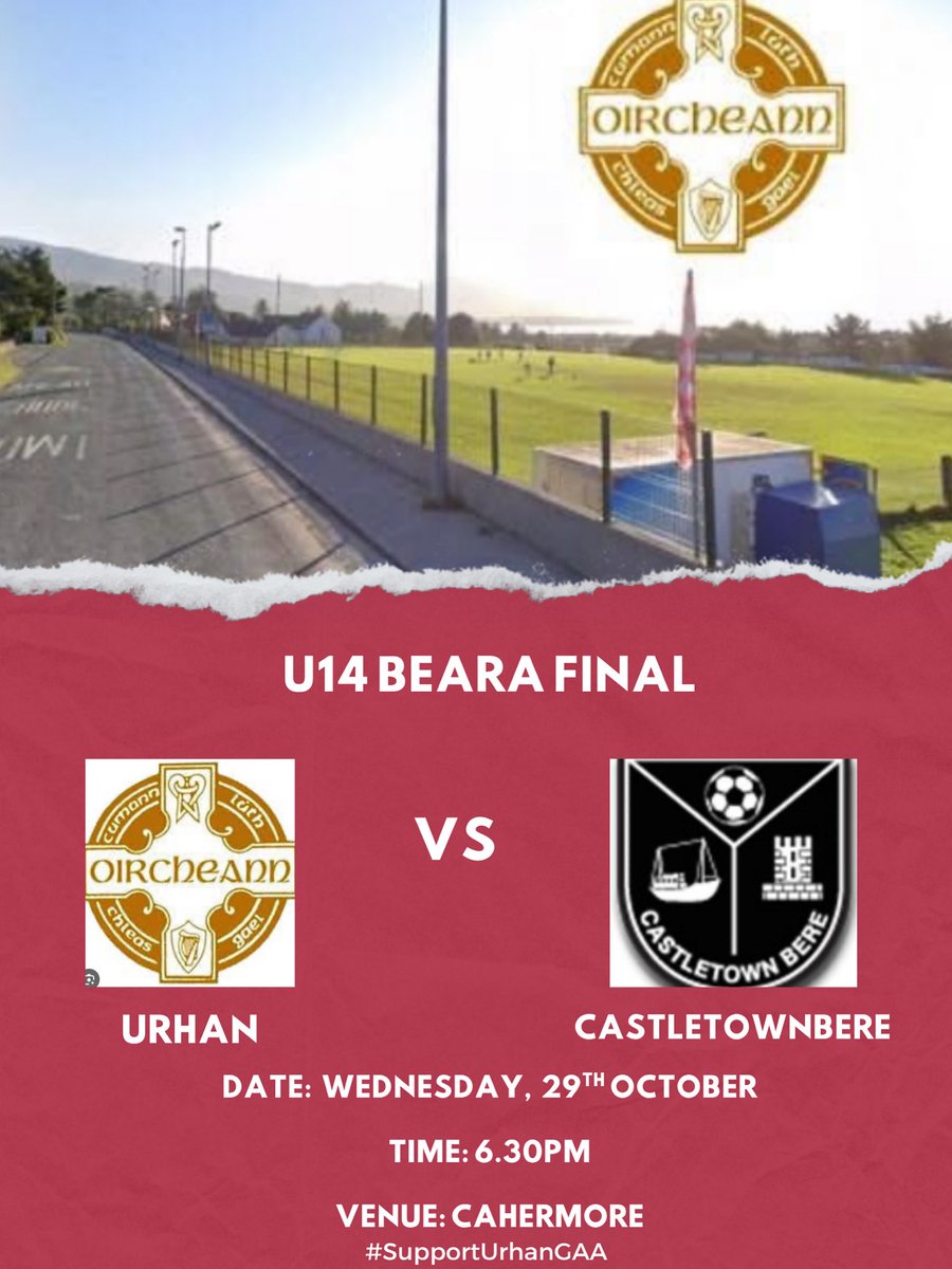 Best of luck to our Urhan Under 14’s this evening as they take on Castletownbere in the Beara Final!

📍 Cahermore
⏰ Throw in is at 6:30pm

Come out and show your support for the lads 🔴⚪️💪