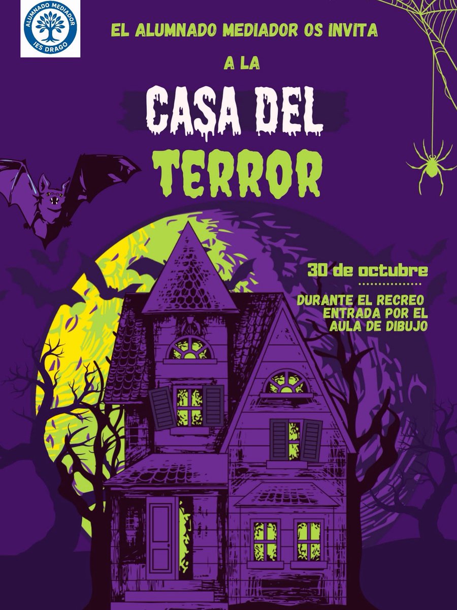 🎃👻 ¡Prepárate para pasar miedo y diversión a partes iguales! 👻🎃

El alumnado mediador del IES Drago te invita este 30 de octubre a vivir una experiencia terroríficamente divertida en nuestra CASA DEL TERROR 🕷️🏚️

🕒 Durante el recreo
🚪 Entrada por el aula de Dibujo