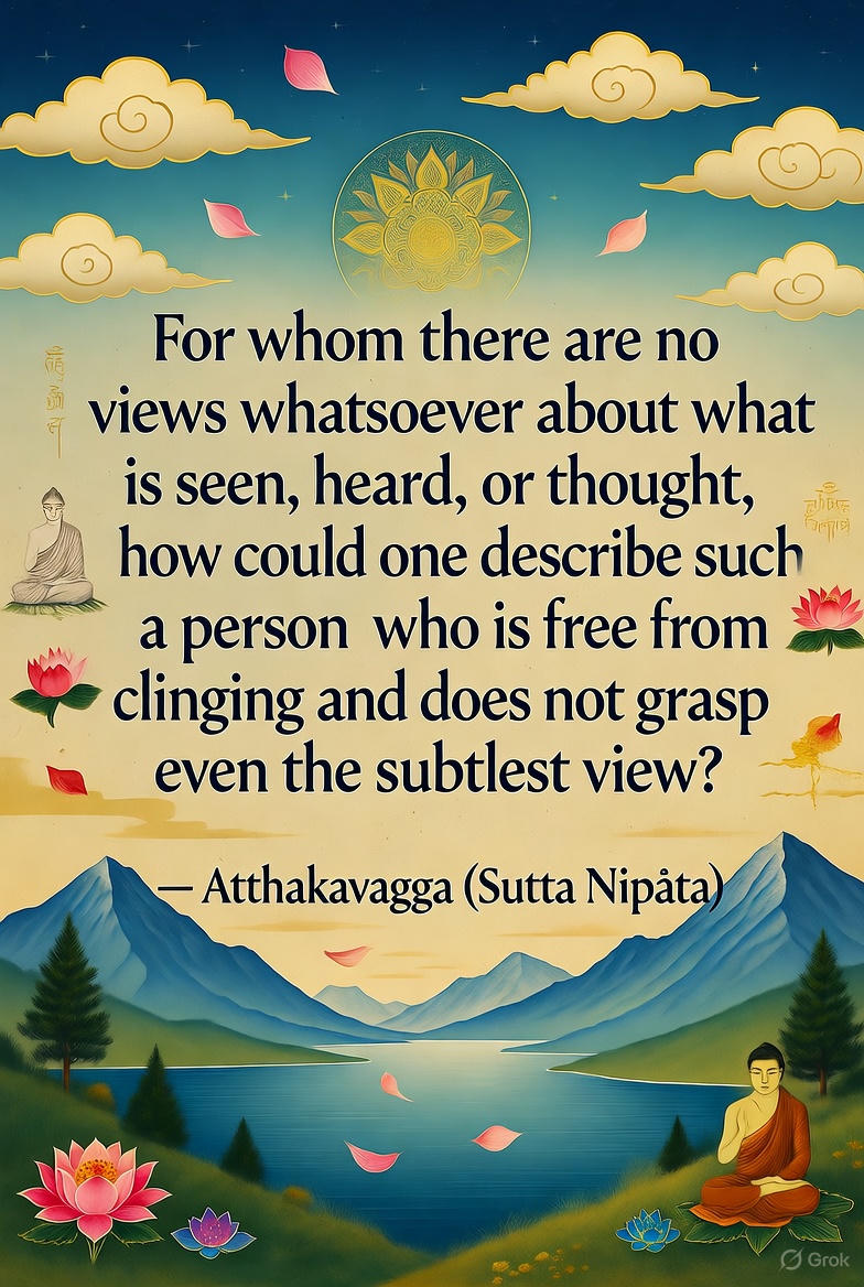 CallsToMind's tweet photo. For whom there are no views whatsoever about what is seen, heard, or thought, how could one describe such a person who is free from clinging and does not grasp even the subtlest view?
— Atthakavagga (Sutta Nipāta)
#sunyata #middleway #middlepath #enlightenment #awakening #mushin #spiritualawakening #dual #nondual #consciousness #zen #oneness #spiritualawareness #spiritualbliss #spiritual #mindfulness #madhyamaka #buddhistwisdom #buddhasteachings #spiritualjourney #duality #dualism #spiritualwisdom #nonduality #nirvana #buddhism #dualities #nondualism #enlightenmentpath #emptiness #insightmeditation #vipassana #enlightenmentjourney #satori #meditation #buddhistquotes #buddhaquotes #mahamudra #callstomind