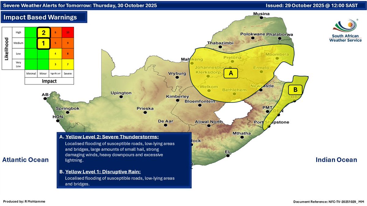 Weather forecast for today and tomorrow, 29-30 October 2025:
Partly cloudy and cool to warm with isolated to scattered showers and thundershowers over the central and eastern parts.⚠️ Severe thunderstorms and disruptive rain
#saws #saweather #weatheroutlook