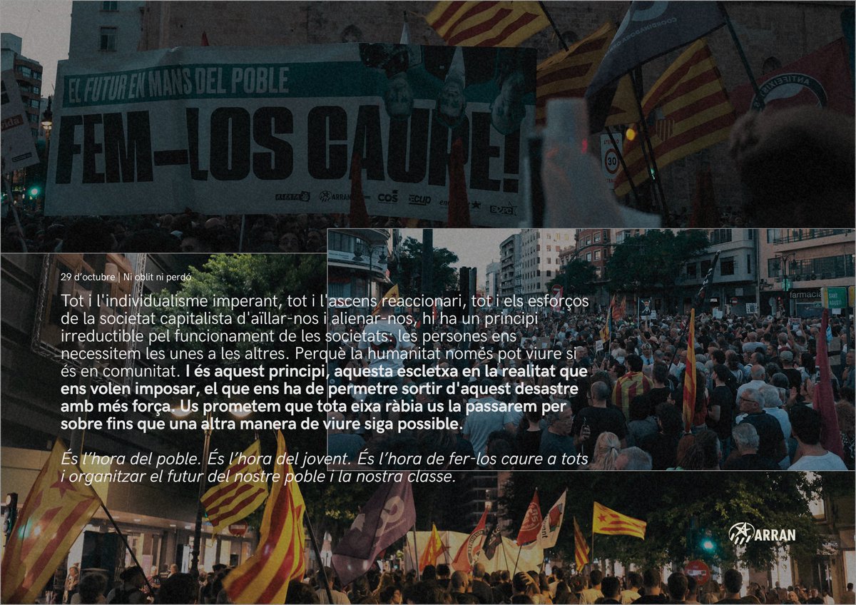 Arran_jovent's tweet image. Us prometem que tota eixa ràbia us la passarem per sobre fins que una altra manera de viure siga possible! Tenir memòria és un deure del nostre poble. Tenir ràbia és un dret de la nostra classe. Lluitar per un present i un futur lliure, digne i millor, la tasca del jovent. ✊🚩