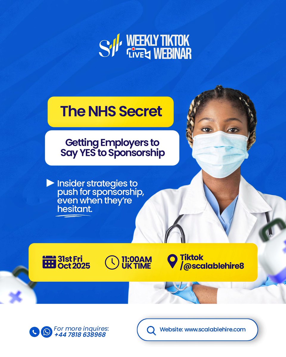 Scalablehire's tweet image. There is a strategy to getting employers to say YES to sponsorship in the NHS.
Most people are applying blindly — the ones getting sponsored are following a system.

We’re breaking it down live this Friday at 11AM UK Time on TikTok

#VisaSponsorship #NHSCareers #WorkInTheUK