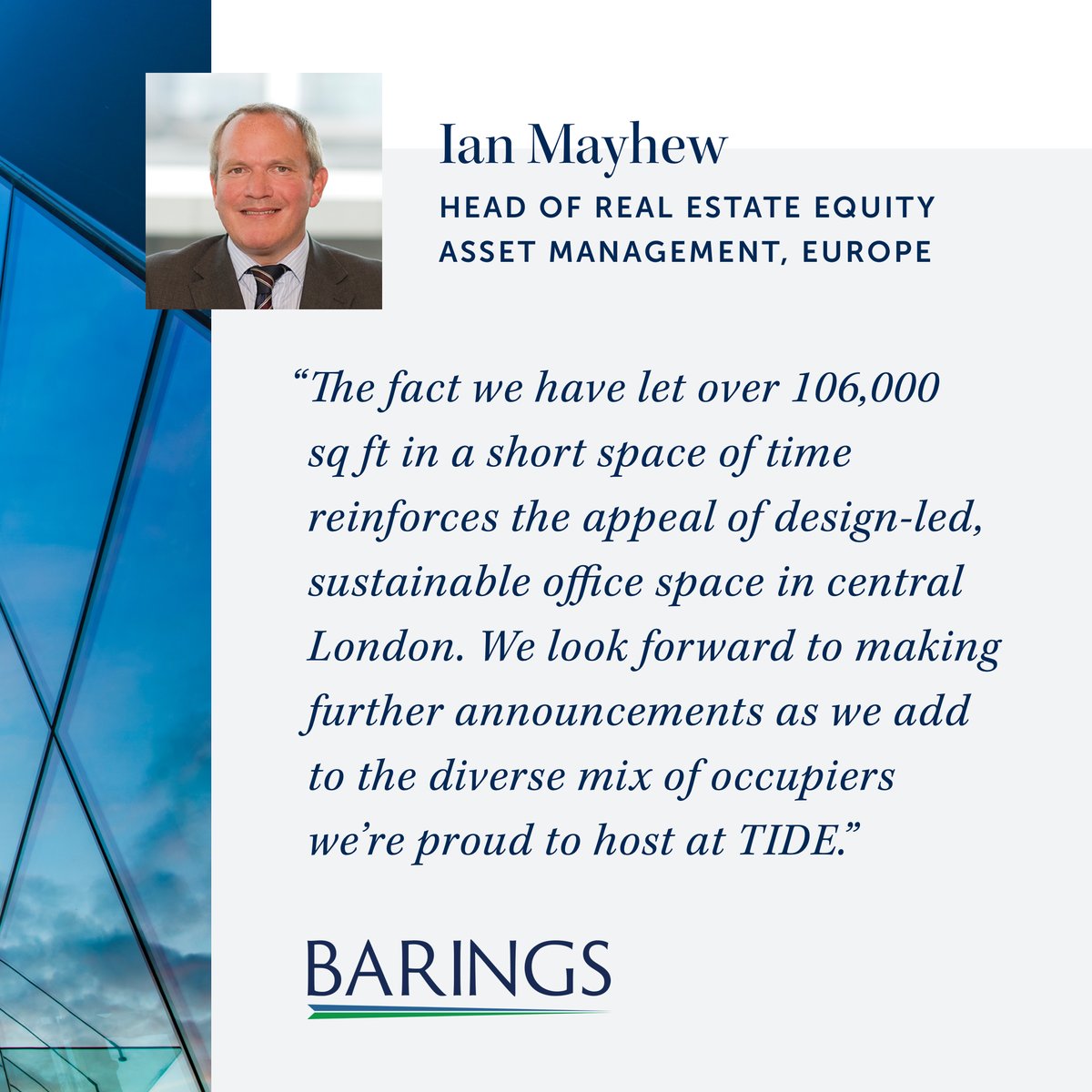 Barings, and its joint venture partner and development manager LBS Properties, have secured over 106,000 sq ft of lettings at TIDE Bankside in less than a year. With further space now under offer, only two floors remain available at TIDE Bankside. 

barings.com/guest/contact/…
